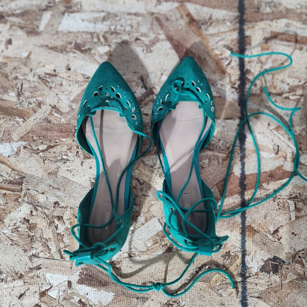 Aldo Teal Pointed-Toe Lace-Up Flats